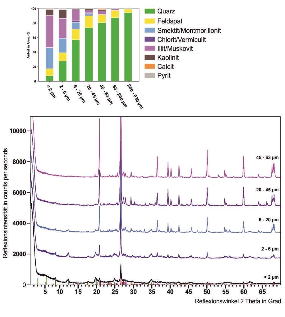 Röntgendiffraktogramme und Ergebnisse der quantitativen Phasenbestimmung zur Bestimmung der Mineralanteil in den Fraktionen < 2 µm (Ton), 2 - 6 µm (Feinschluff), 6 - 20 µm (Mittelschluff), 20 - 45 µm, 45 - 63 µm (Grobschluff) und 63 bis 200 µm (Feinsand)